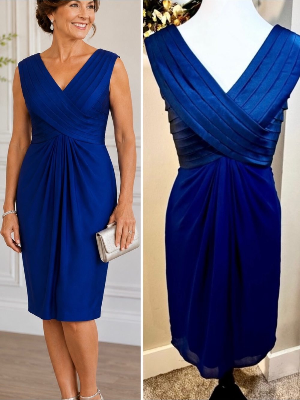 Adrianna Papell Blue Silk Blend Cocktail Dress Ruched Bandage Bodice Size 4💛